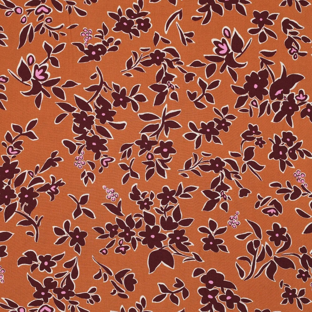 Viscose 'Radiance Flowers' roest met wijnrode bloemen - Pommé